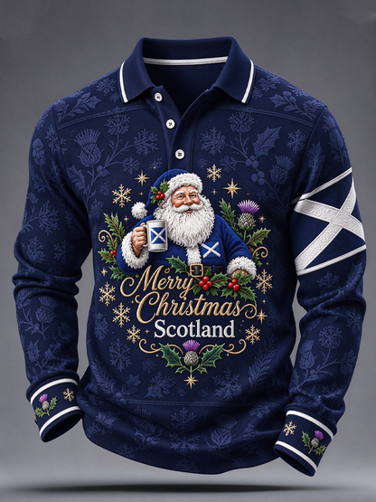 Men's Scottish Christmas Printed long sleeve polo