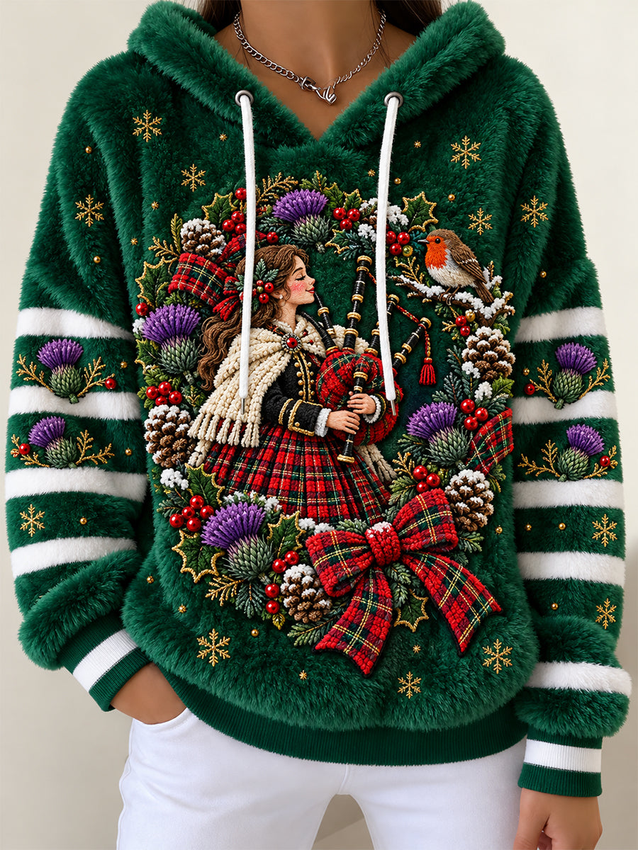 Women's Scottish Christmas Printed Flannel Hoodie