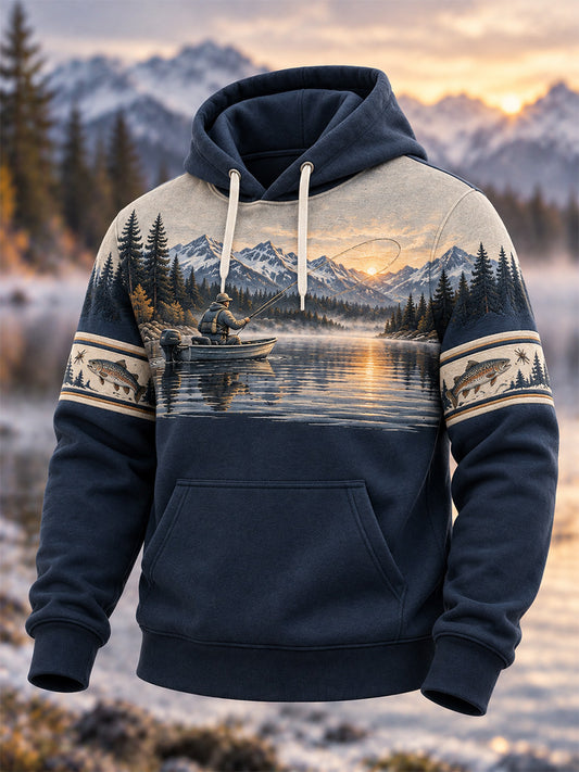 Men's Vintage Wilderness Fishing Print Oversized Drop-Shoulder Hoodie With Pockets