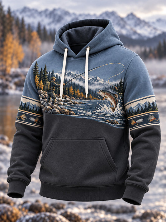 Men's Vintage Wilderness Fishing Print Oversized Drop-Shoulder Hoodie With Pockets