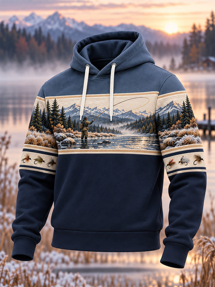 Men's Vintage Wilderness Fishing Print Oversized Drop-Shoulder Hoodie With Pockets