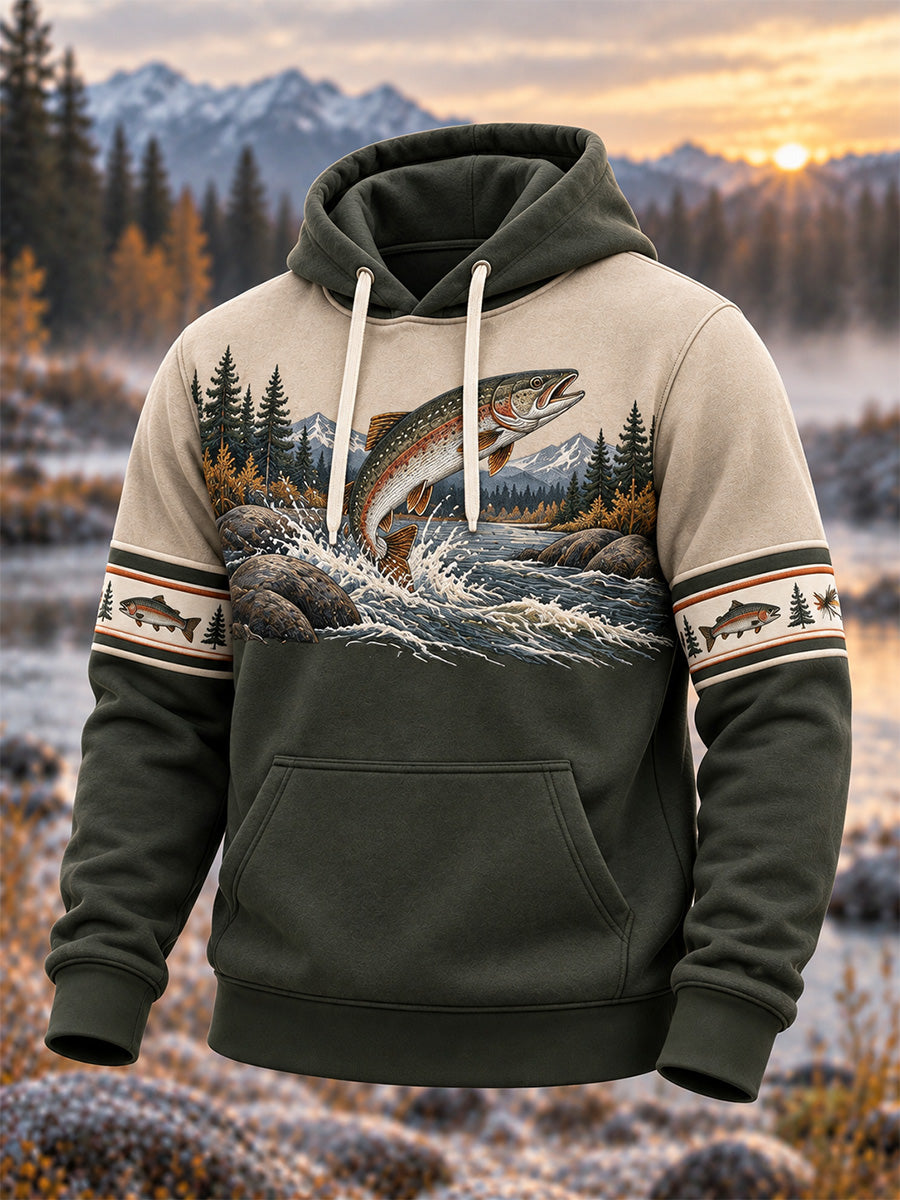 Men's Vintage Wilderness Fishing Print Oversized Drop-Shoulder Hoodie With Pockets