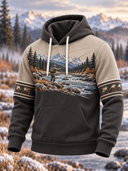 Men's Vintage Wilderness Fishing Print Oversized Drop-Shoulder Hoodie With Pockets