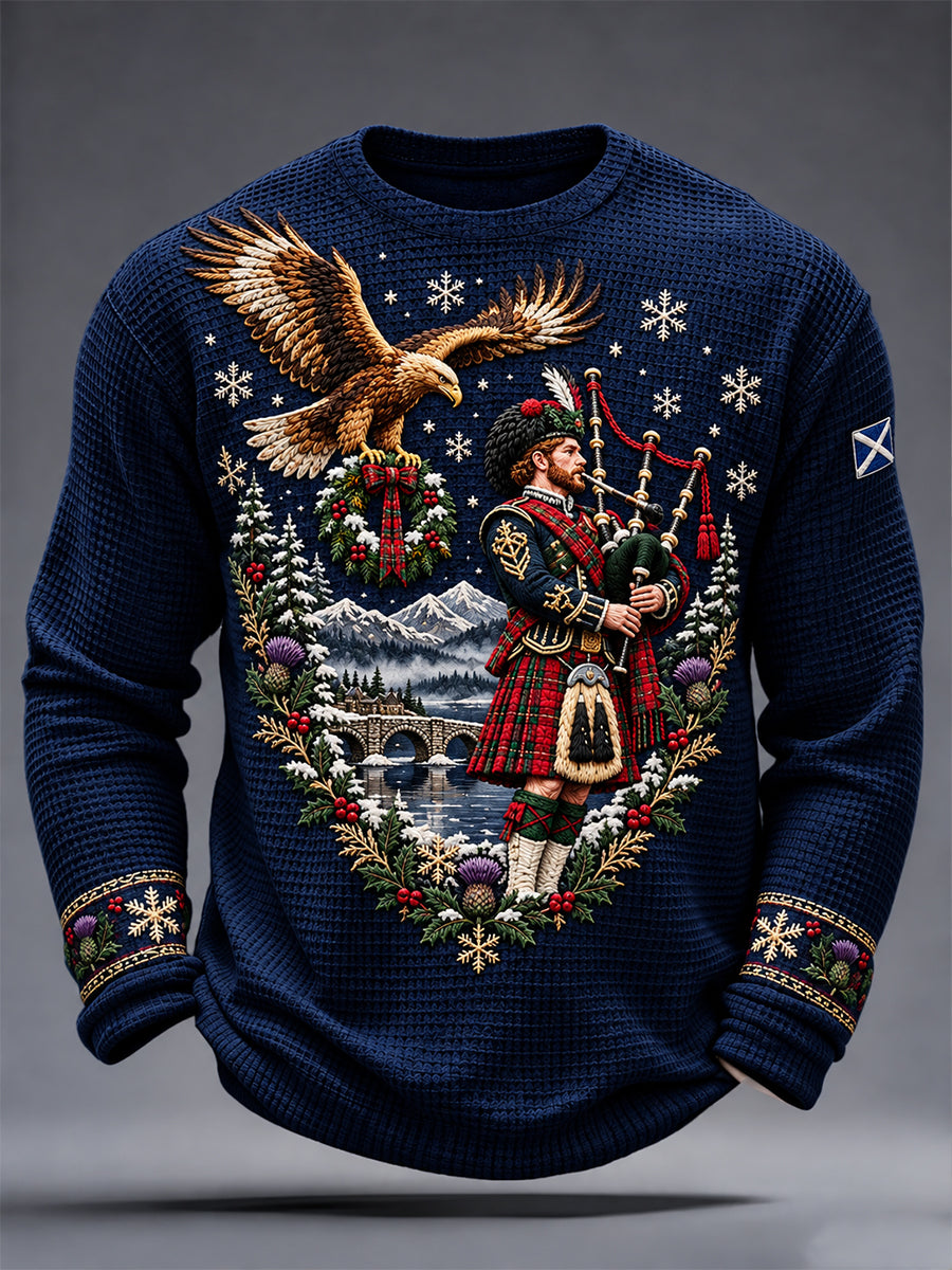 Men's Scottish Christmas Printed Waffle Long Sleeve T-Shirt