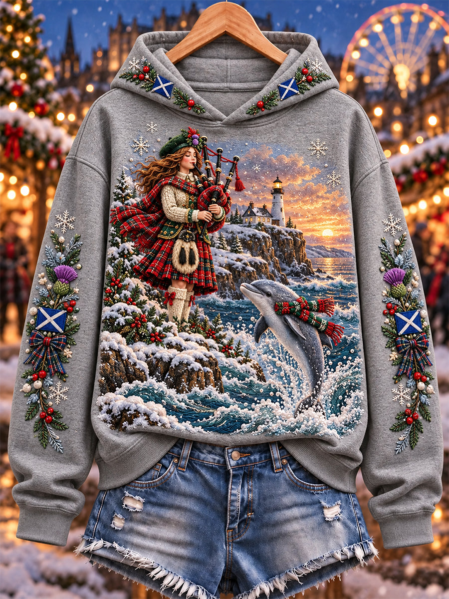 Women's Scottish Christmas Printed Hooded Sweatshirt