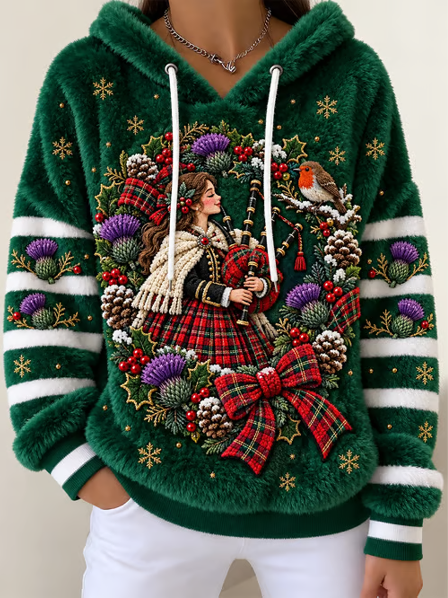 Women's Scottish Christmas Printed Flannel Hoodie