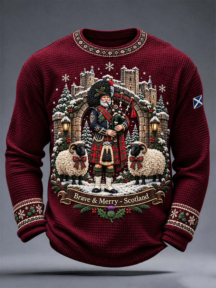 Men's Scottish Christmas Printed Waffle Long Sleeve T-Shirt