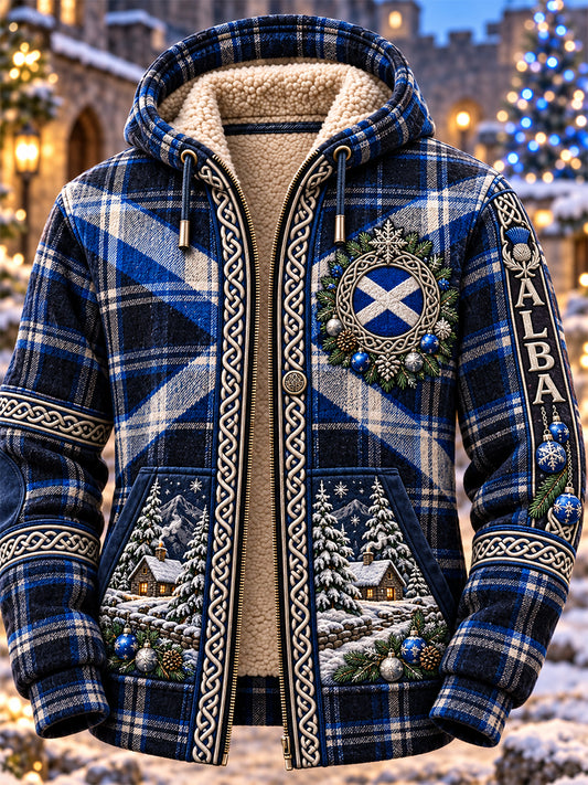 Men's Scottish Christmas Printed Shearling Hooded Coat