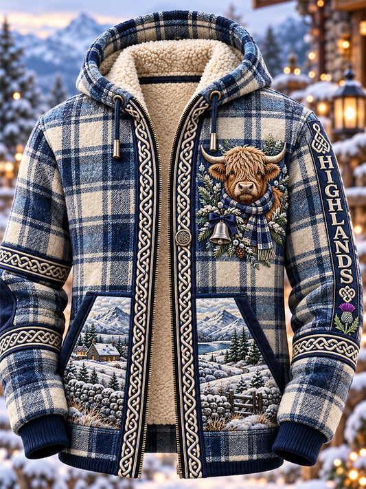 Men's Scottish Christmas Printed Shearling Hooded Coat
