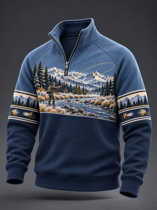 Men's Vintage Wilderness Fishing Print Zip-Up Hoodie
