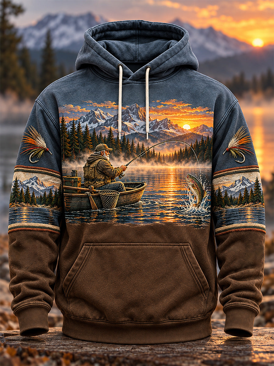 Men's Vintage Wilderness Fishing Print Oversized Drop-Shoulder Hoodie With Pockets