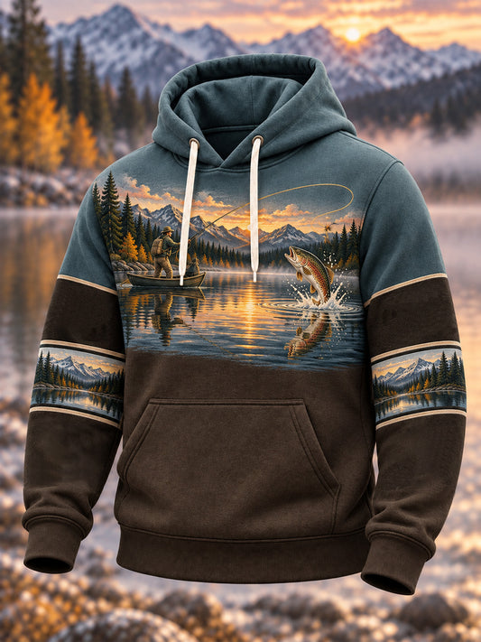 Men's Vintage Wilderness Fishing Print Oversized Drop-Shoulder Hoodie With Pockets