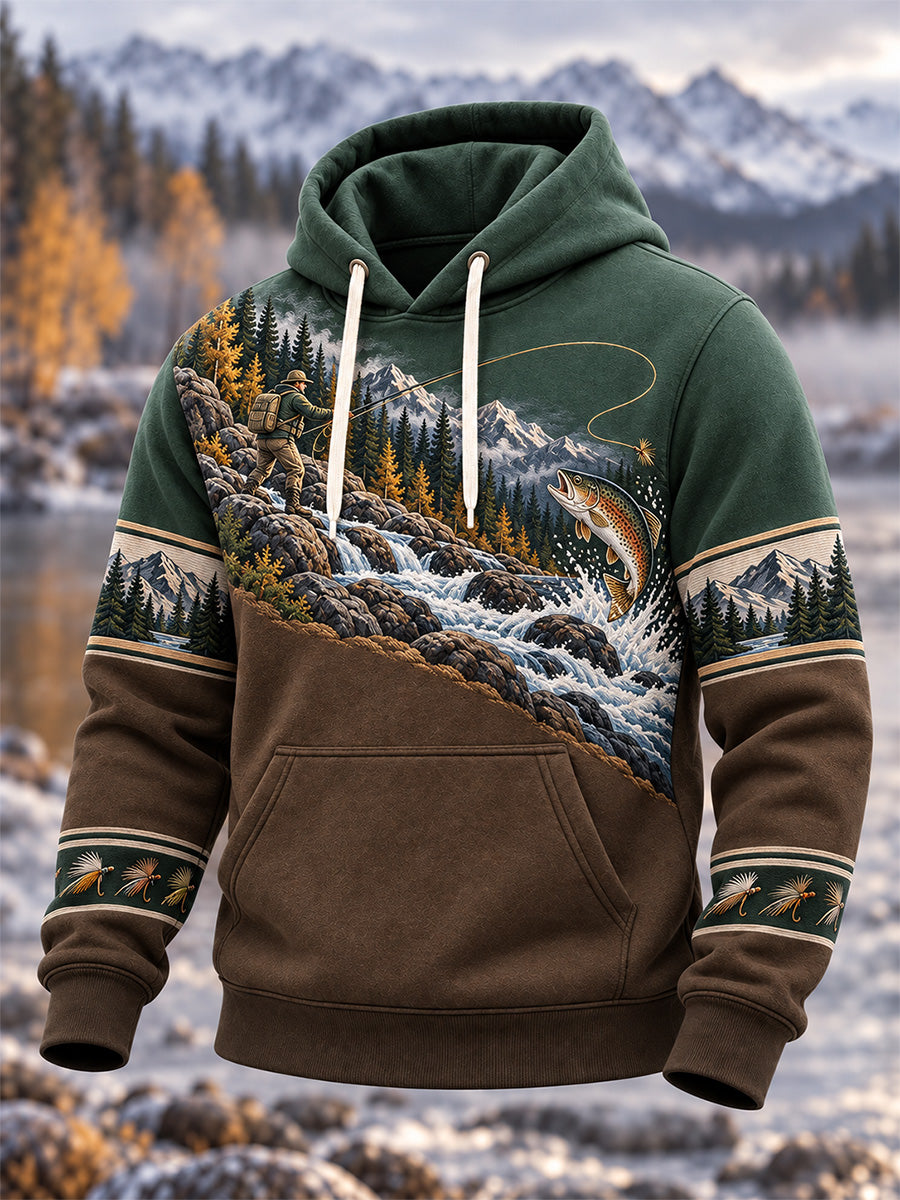Men's Vintage Wilderness Fishing Print Oversized Drop-Shoulder Hoodie With Pockets