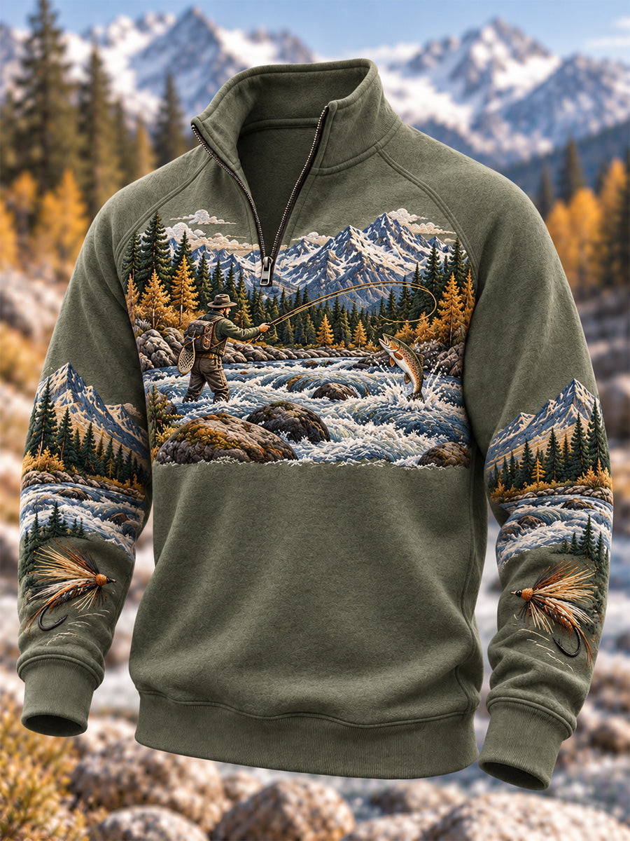 Men's Vintage Wilderness Fishing Print Zip-Up Hoodie