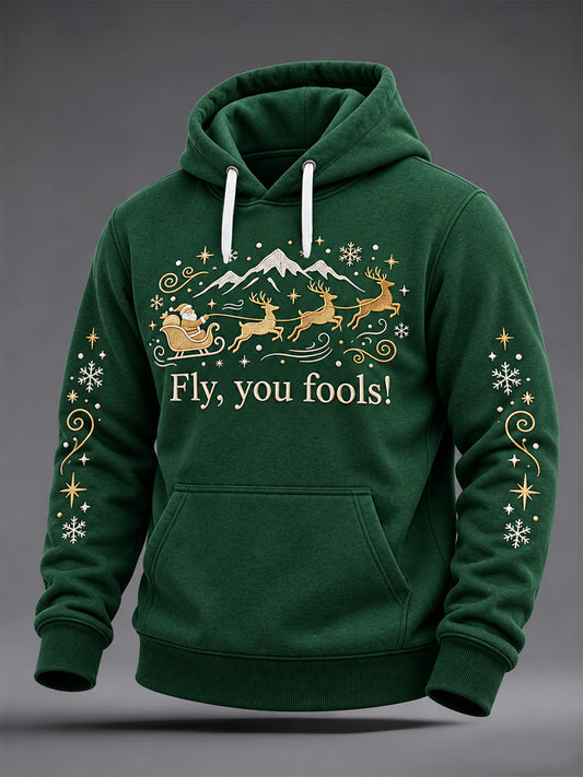 Men's Christmas Fly You Fools Print Oversized Drop-Shoulder Hoodie with Pockets