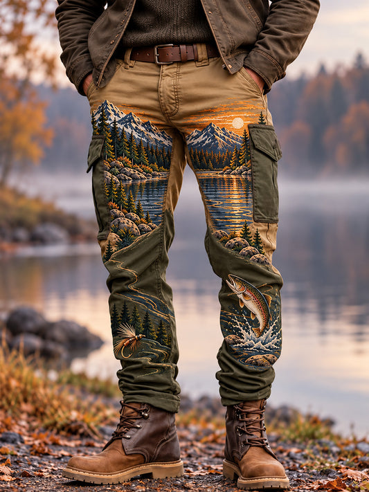 Men's Vintage Wilderness Fishing Print Casual Work Trousers