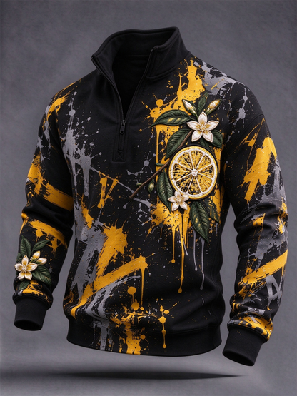 Men's Lemon Roses Music Lover Printed Zip-Up Hoodie