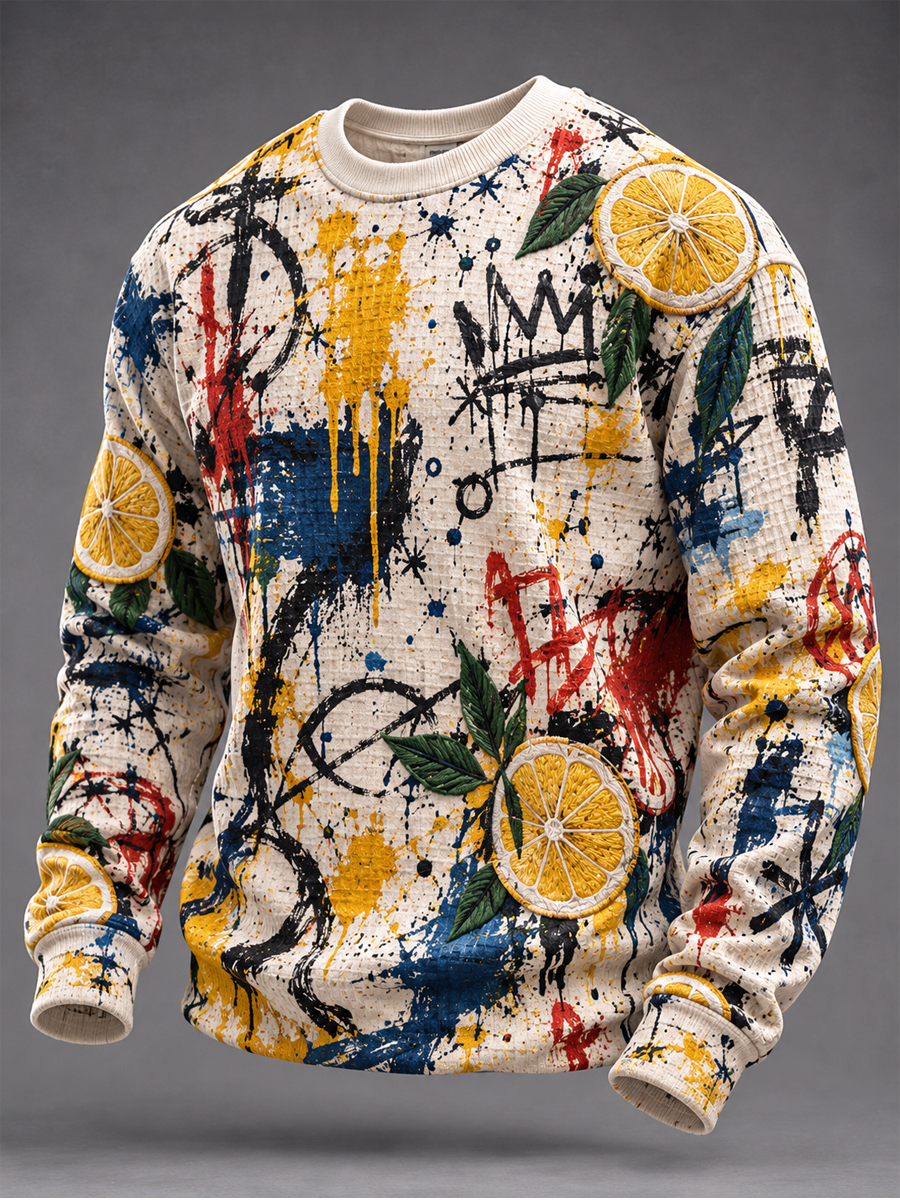 Men's Lemon Roses Music Lover Printed Waffle Sweatshirt